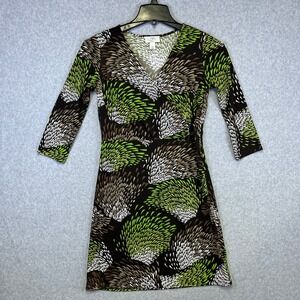 LOFT Dress 4 Petites Green Brown Abstract Print V-Neck‎ Wrap Belted Career Midi